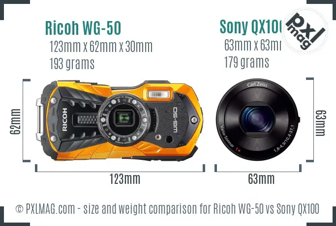 Ricoh WG-50 vs Sony QX100 size comparison