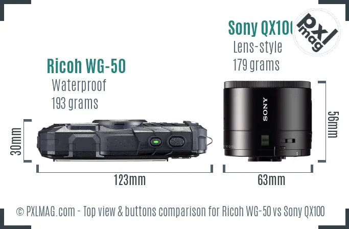Ricoh WG-50 vs Sony QX100 top view buttons comparison