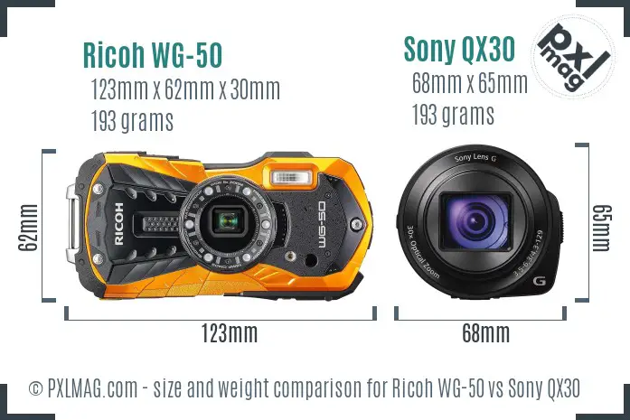 Ricoh WG-50 vs Sony QX30 size comparison