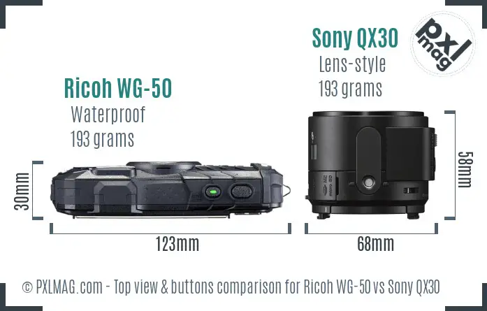 Ricoh WG-50 vs Sony QX30 top view buttons comparison