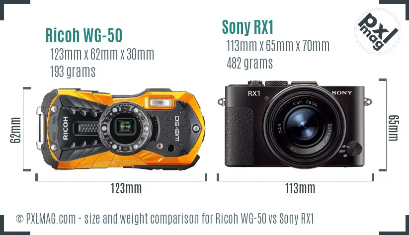 Ricoh WG-50 vs Sony RX1 size comparison