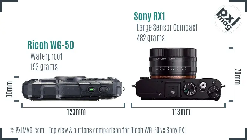 Ricoh WG-50 vs Sony RX1 top view buttons comparison