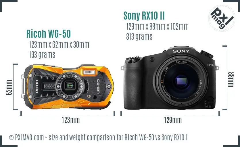 Ricoh WG-50 vs Sony RX10 II size comparison Ricoh WG-50 vs Sony RX10 II size comparison