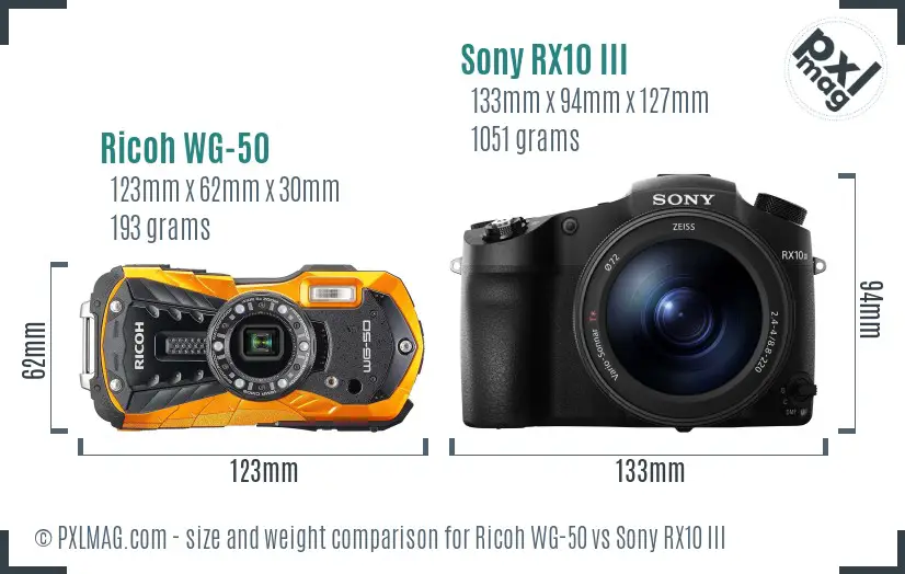 Ricoh WG-50 vs Sony RX10 III size comparison