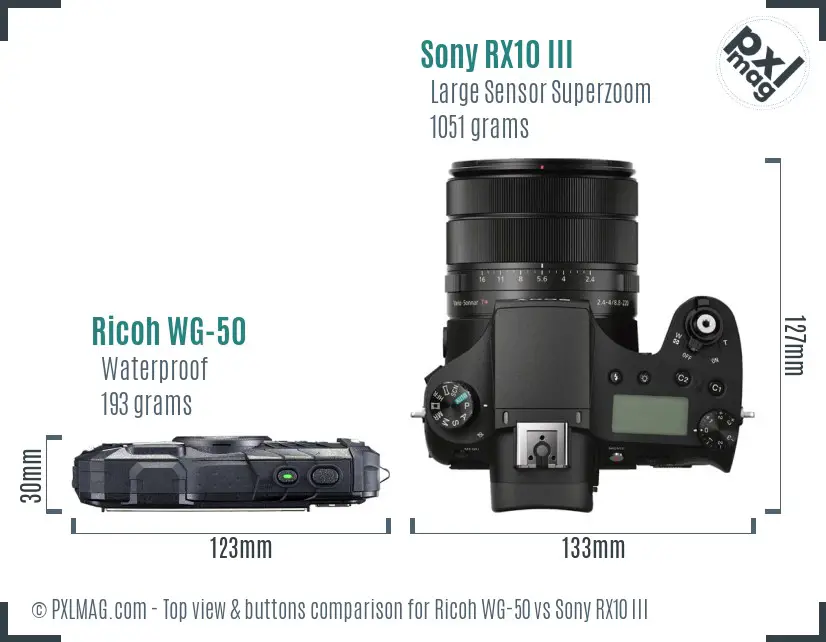 Ricoh WG-50 vs Sony RX10 III top view buttons comparison