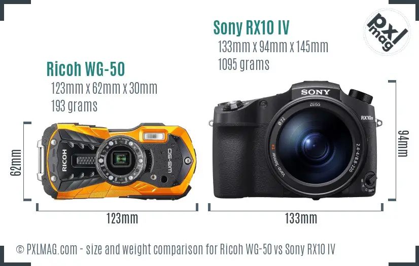 Ricoh WG-50 vs Sony RX10 IV size comparison