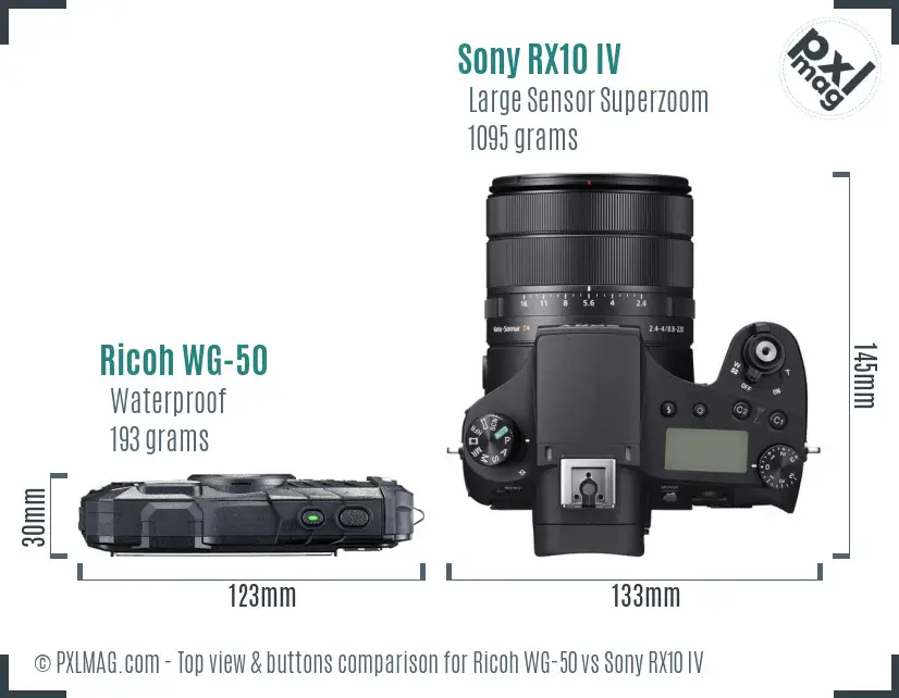 Ricoh WG-50 vs Sony RX10 IV top view buttons comparison