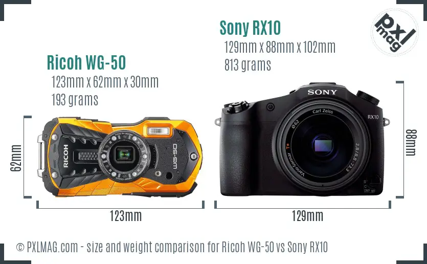Ricoh WG-50 vs Sony RX10 size comparison Ricoh WG-50 vs Sony RX10 size comparison