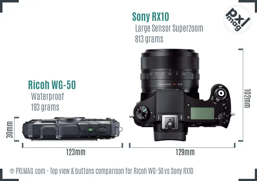 Ricoh WG-50 vs Sony RX10 top view buttons comparison