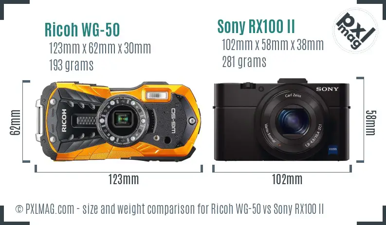 Ricoh WG-50 vs Sony RX100 II size comparison