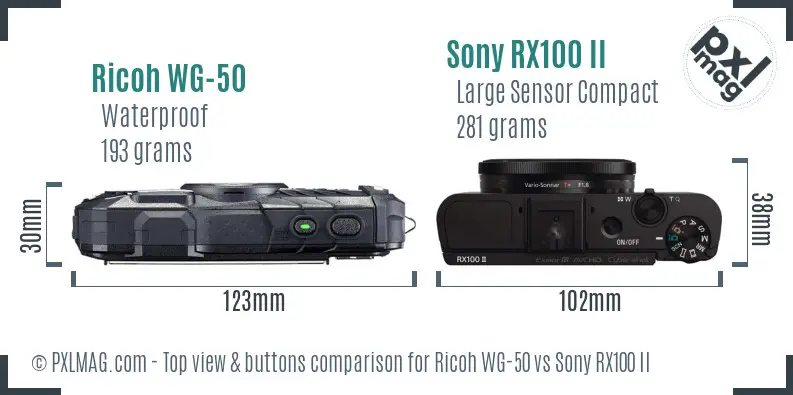 Ricoh WG-50 vs Sony RX100 II top view buttons comparison