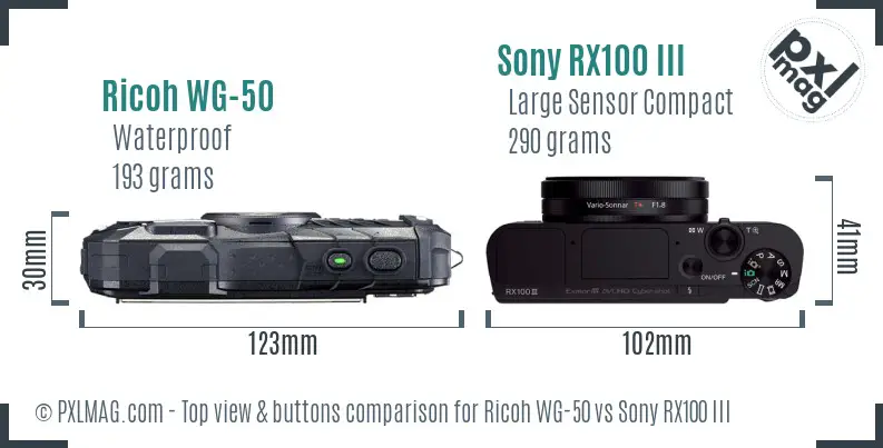 Ricoh WG-50 vs Sony RX100 III top view buttons comparison Ricoh WG-50 vs Sony RX100 III top view buttons comparison