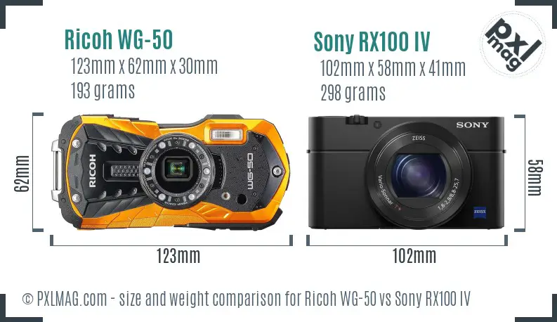 Ricoh WG-50 vs Sony RX100 IV size comparison