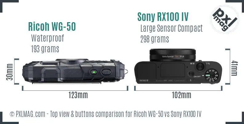 Ricoh WG-50 vs Sony RX100 IV top view buttons comparison