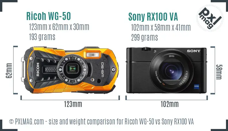Ricoh WG-50 vs Sony RX100 VA size comparison