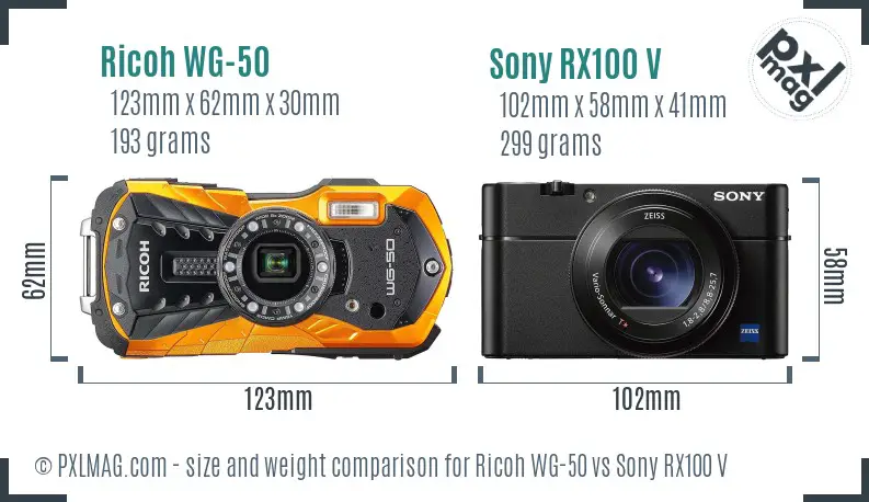 Ricoh WG-50 vs Sony RX100 V size comparison