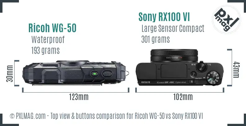 Ricoh WG-50 vs Sony RX100 VI top view buttons comparison