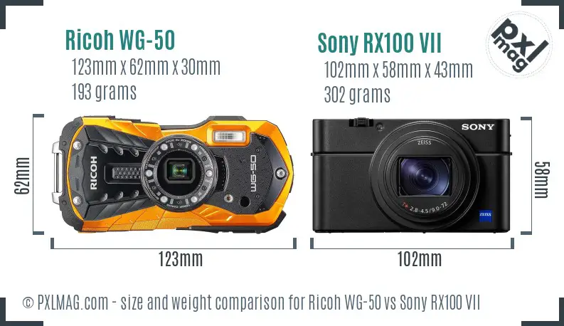 Ricoh WG-50 vs Sony RX100 VII size comparison