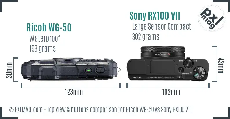 Ricoh WG-50 vs Sony RX100 VII top view buttons comparison