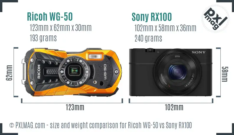 Ricoh WG-50 vs Sony RX100 size comparison