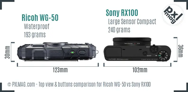 Ricoh WG-50 vs Sony RX100 top view buttons comparison