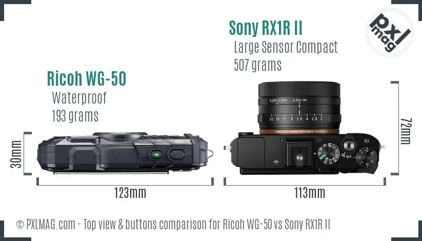 Ricoh WG-50 vs Sony RX1R II top view buttons comparison