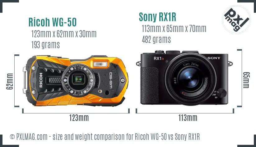 Ricoh WG-50 vs Sony RX1R size comparison