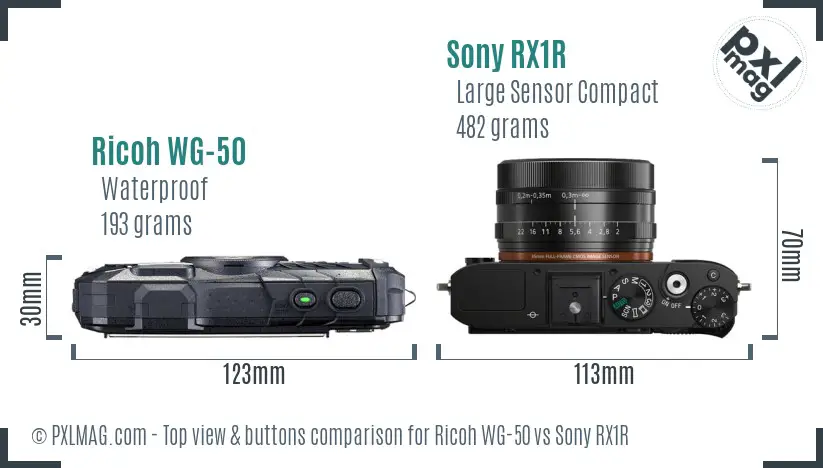Ricoh WG-50 vs Sony RX1R top view buttons comparison