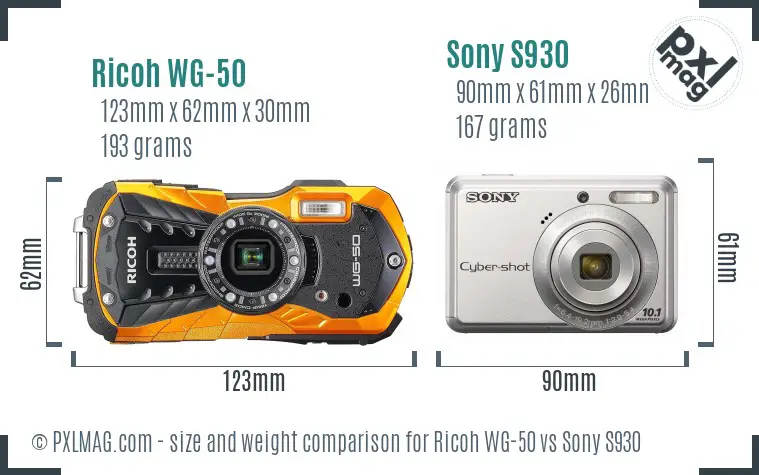 Ricoh WG-50 vs Sony S930 size comparison