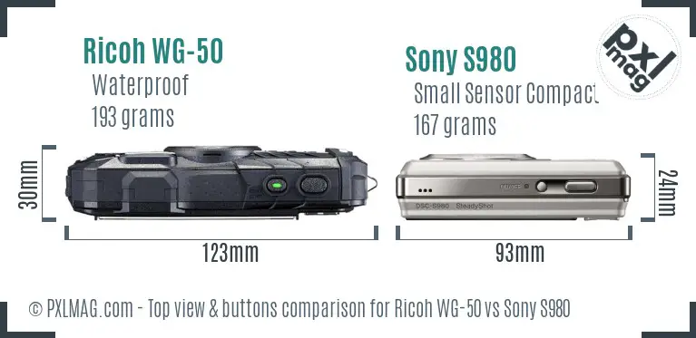 Ricoh WG-50 vs Sony S980 top view buttons comparison