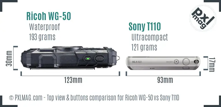Ricoh WG-50 vs Sony T110 top view buttons comparison
