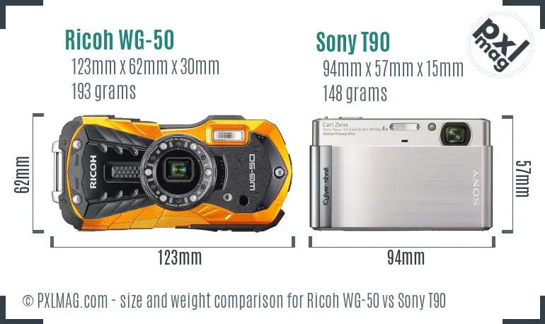 Ricoh WG-50 vs Sony T90 size comparison