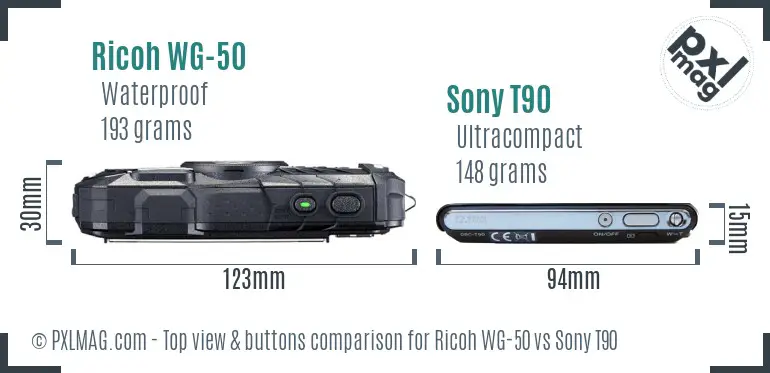 Ricoh WG-50 vs Sony T90 top view buttons comparison