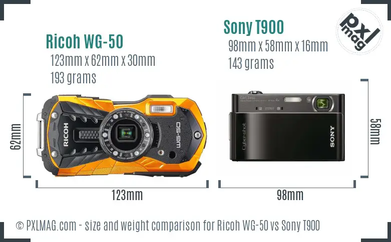 Ricoh WG-50 vs Sony T900 size comparison