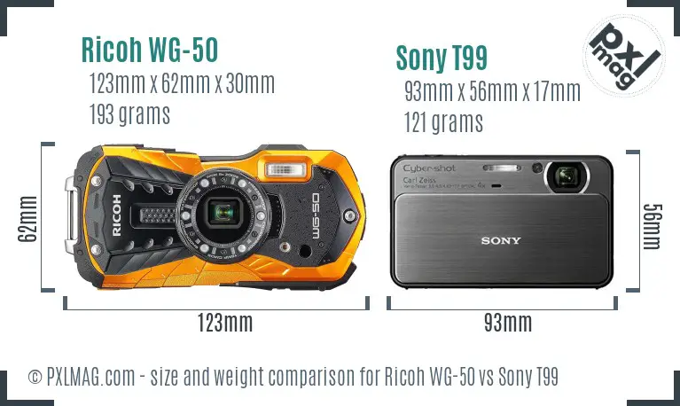 Ricoh WG-50 vs Sony T99 size comparison