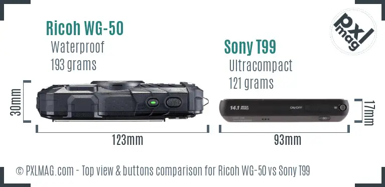 Ricoh WG-50 vs Sony T99 top view buttons comparison