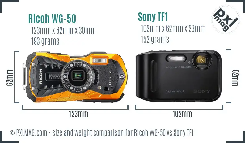 Ricoh WG-50 vs Sony TF1 size comparison