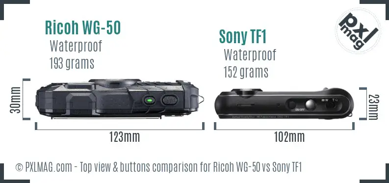 Ricoh WG-50 vs Sony TF1 top view buttons comparison
