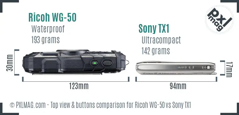 Ricoh WG-50 vs Sony TX1 top view buttons comparison