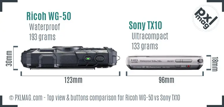 Ricoh WG-50 vs Sony TX10 top view buttons comparison