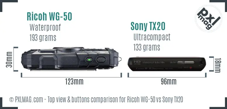 Ricoh WG-50 vs Sony TX20 top view buttons comparison