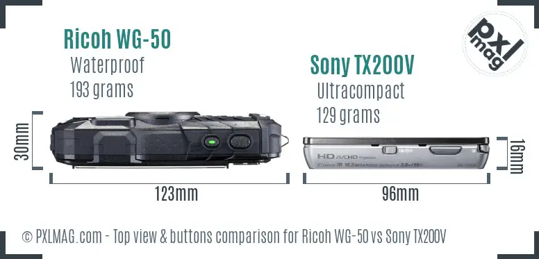 Ricoh WG-50 vs Sony TX200V top view buttons comparison