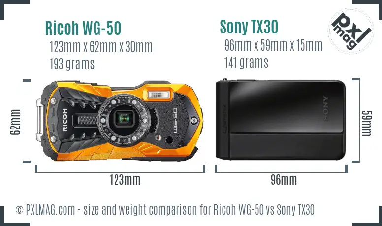 Ricoh WG-50 vs Sony TX30 size comparison