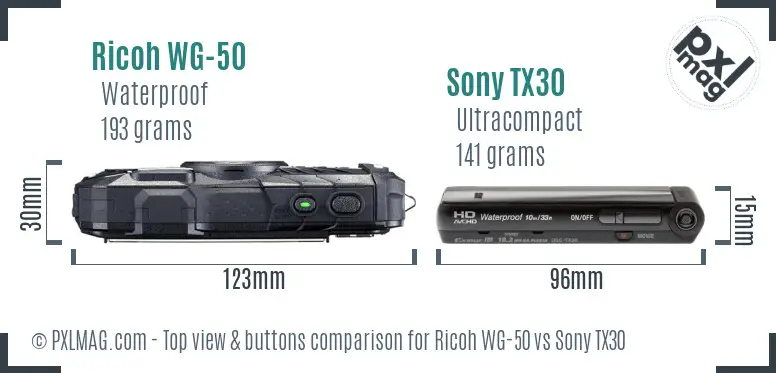 Ricoh WG-50 vs Sony TX30 top view buttons comparison