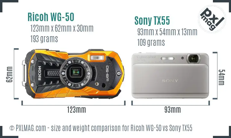 Ricoh WG-50 vs Sony TX55 size comparison