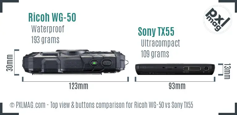 Ricoh WG-50 vs Sony TX55 top view buttons comparison