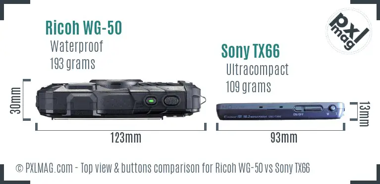 Ricoh WG-50 vs Sony TX66 top view buttons comparison