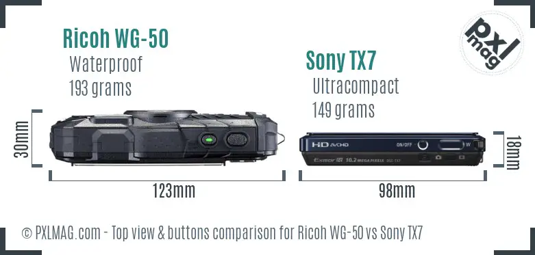Ricoh WG-50 vs Sony TX7 top view buttons comparison