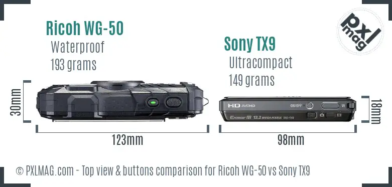 Ricoh WG-50 vs Sony TX9 top view buttons comparison