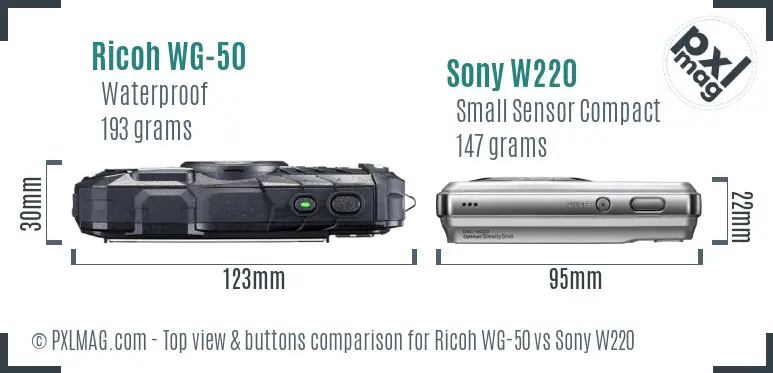 Ricoh WG-50 vs Sony W220 top view buttons comparison